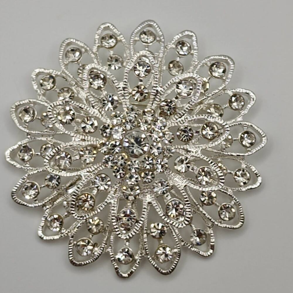 Filigree Rhinestone Petal Brooch Double Tier Clear Stones on Silver Tone Metal